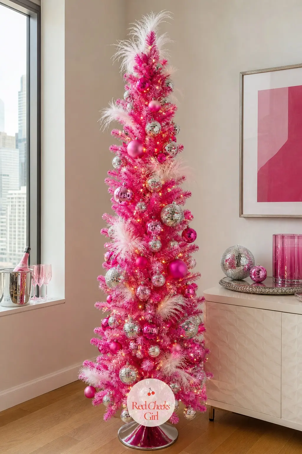 A Slim Artificial Tree in Hot Pink and Chrome — An artificial hot pink slim pencil tree, the kind with no attempt to look like a real conifer at all. Slim