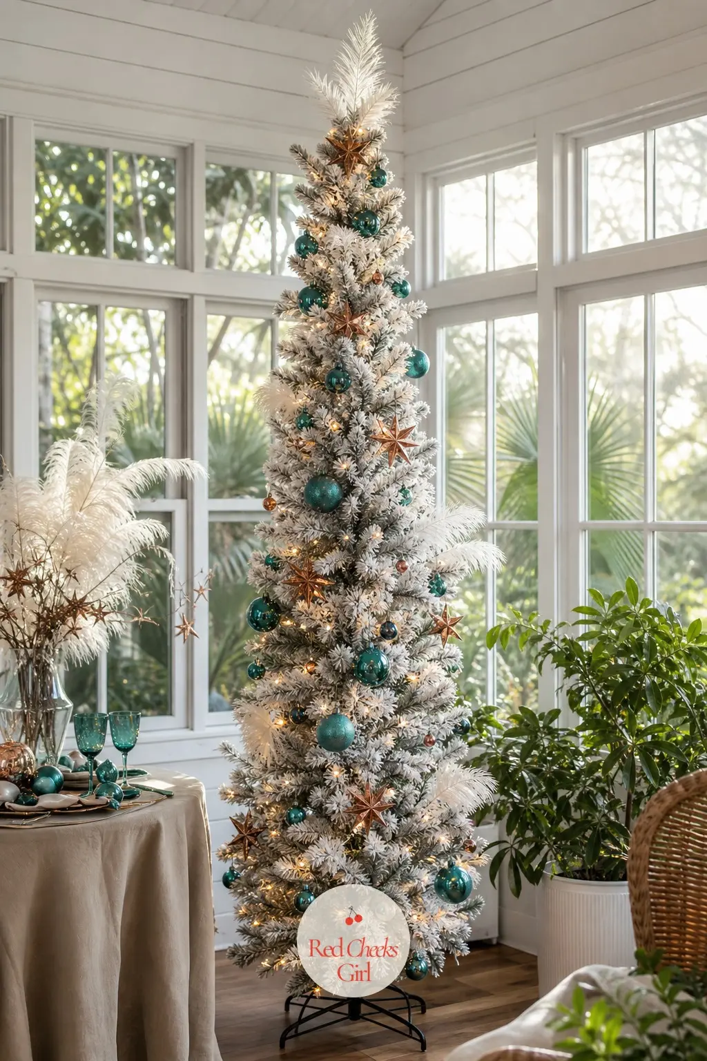 A Slim Flocked Tree in Teal and Copper — An artificial flocked white slim pencil tree, the snow-dusted base acting as a neutral stage for a colour pairing