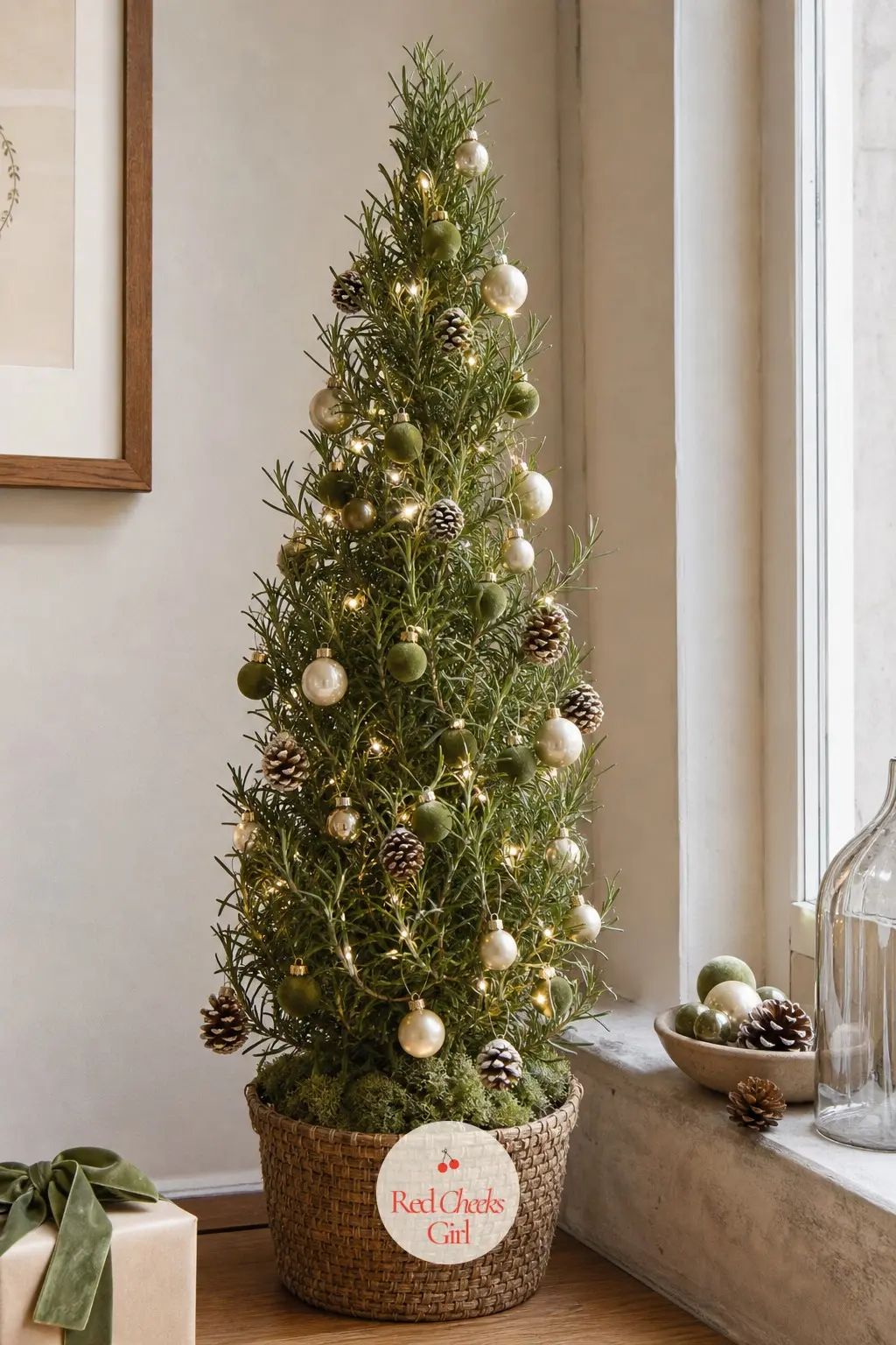 A Slim Living Rosemary Tree in Moss and Ivory — A potted rosemary topiary, trained into a narrow cone shape and small enough to sit on a windowsill rather than