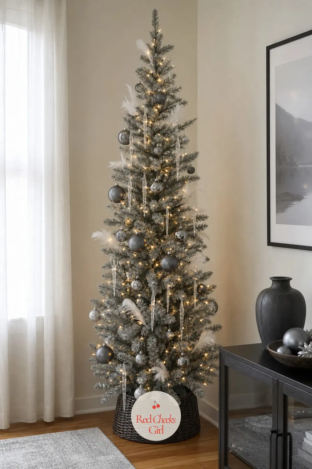 A Slim Pencil Tree in Gunmetal and Ice — An artificial grey slim pencil tree, a colour rarely seen outside design showrooms, which makes it the quiet
