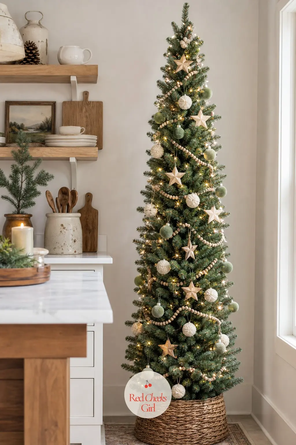 A Slim Pencil Tree in Sage and Natural Wood — A classic green artificial slim pencil tree, left in its natural colour rather than flocked or painted, dressed
