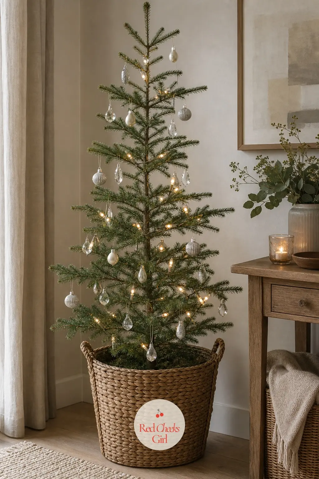 A Slim Potted Spruce Left Nearly Bare — A living dwarf Alberta spruce, naturally narrow and conical, still growing in its pot rather than cut. Slim christmas