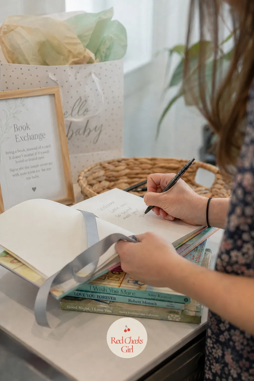 Book Exchange — A nursery shelf built by everyone in the room, in place of the usual basket of cards nobody reads twice. Small baby shower ideas