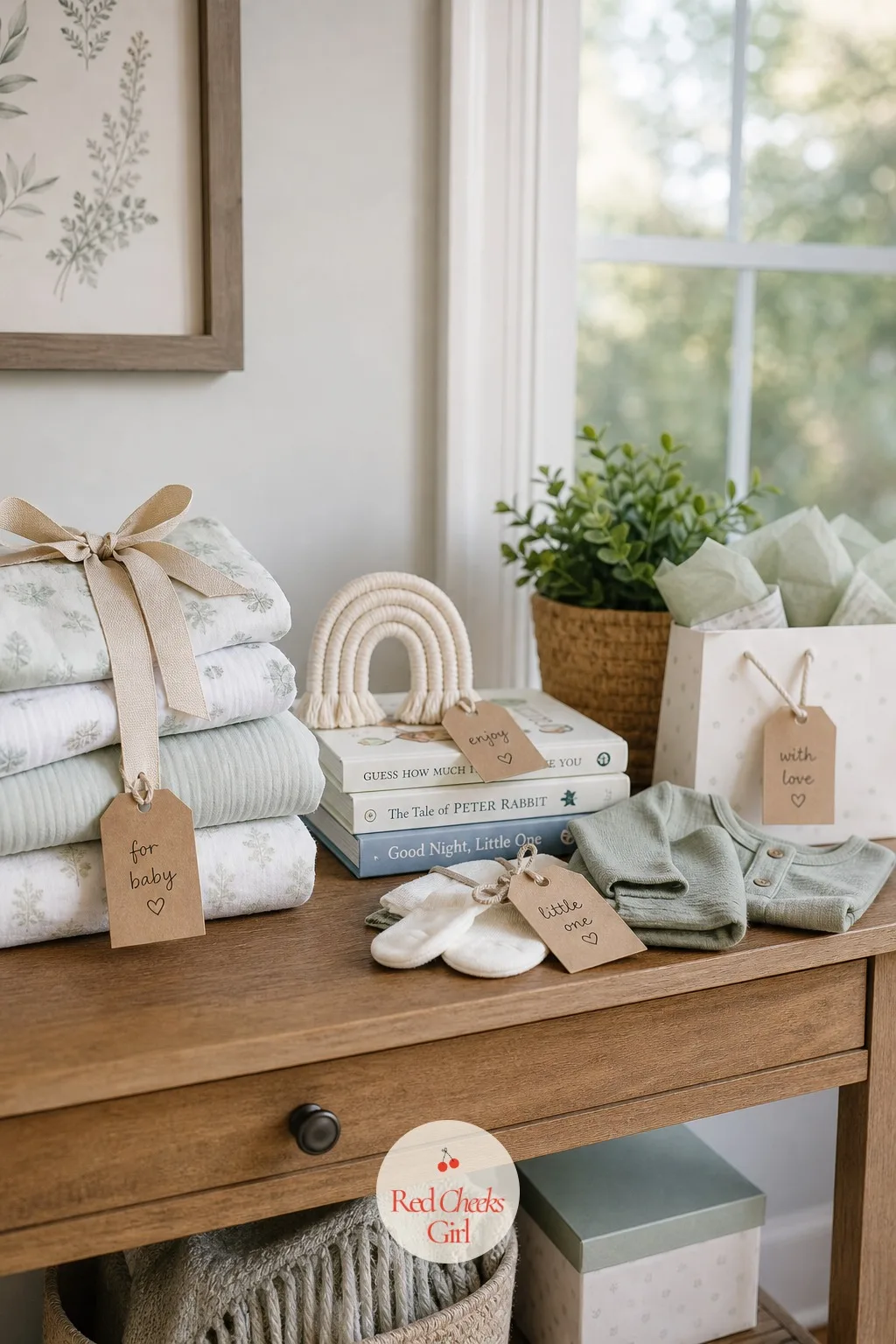 Gifts Displayed Unwrapped — Skip the paper mountain building up in the corner, and let the gifts themselves be the decoration instead. Small baby shower ideas