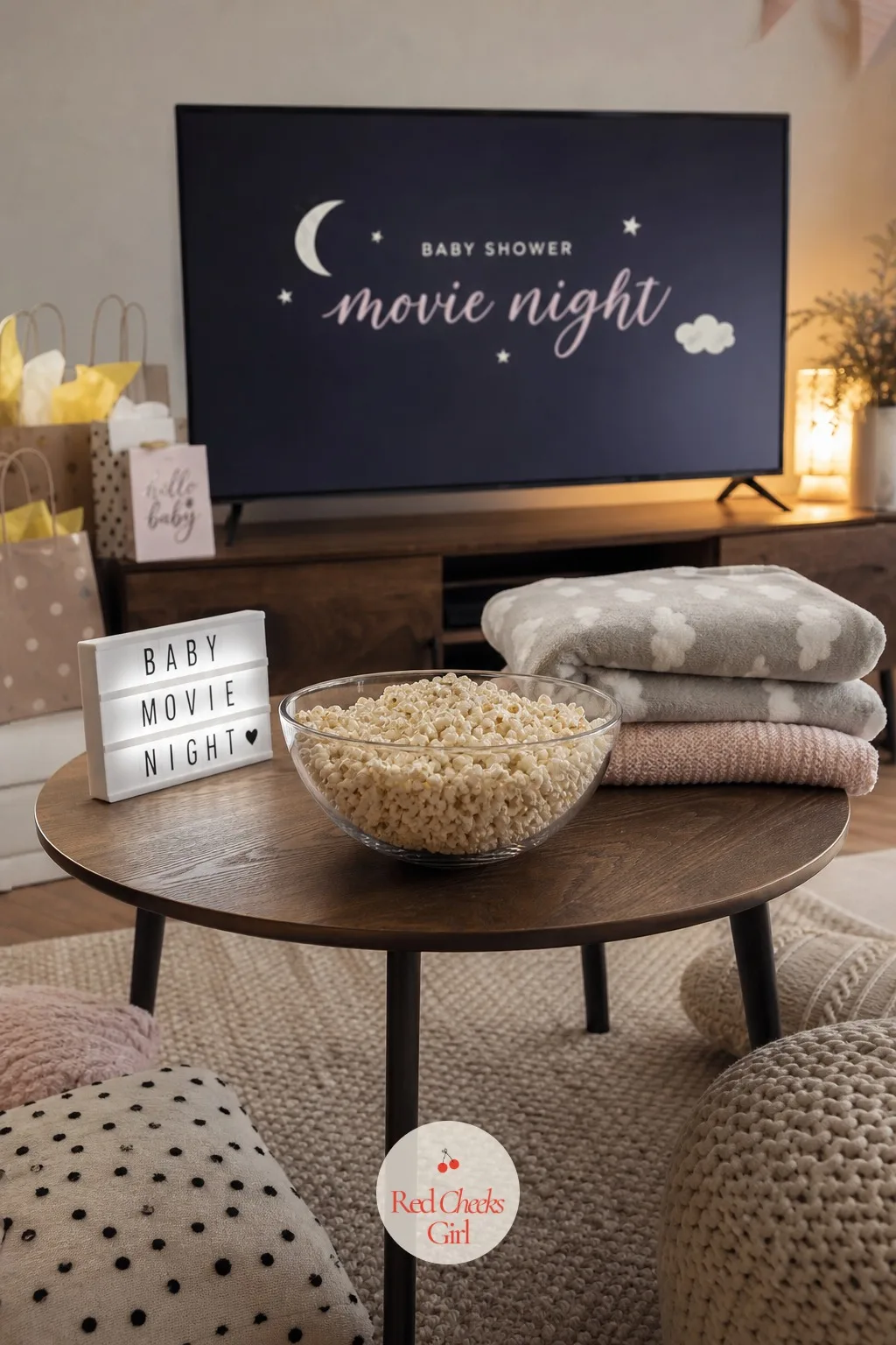 Movie Night — A low-key evening where nobody has to stand around holding a plate, just cushions pulled close and the lights down. Small baby shower ideas