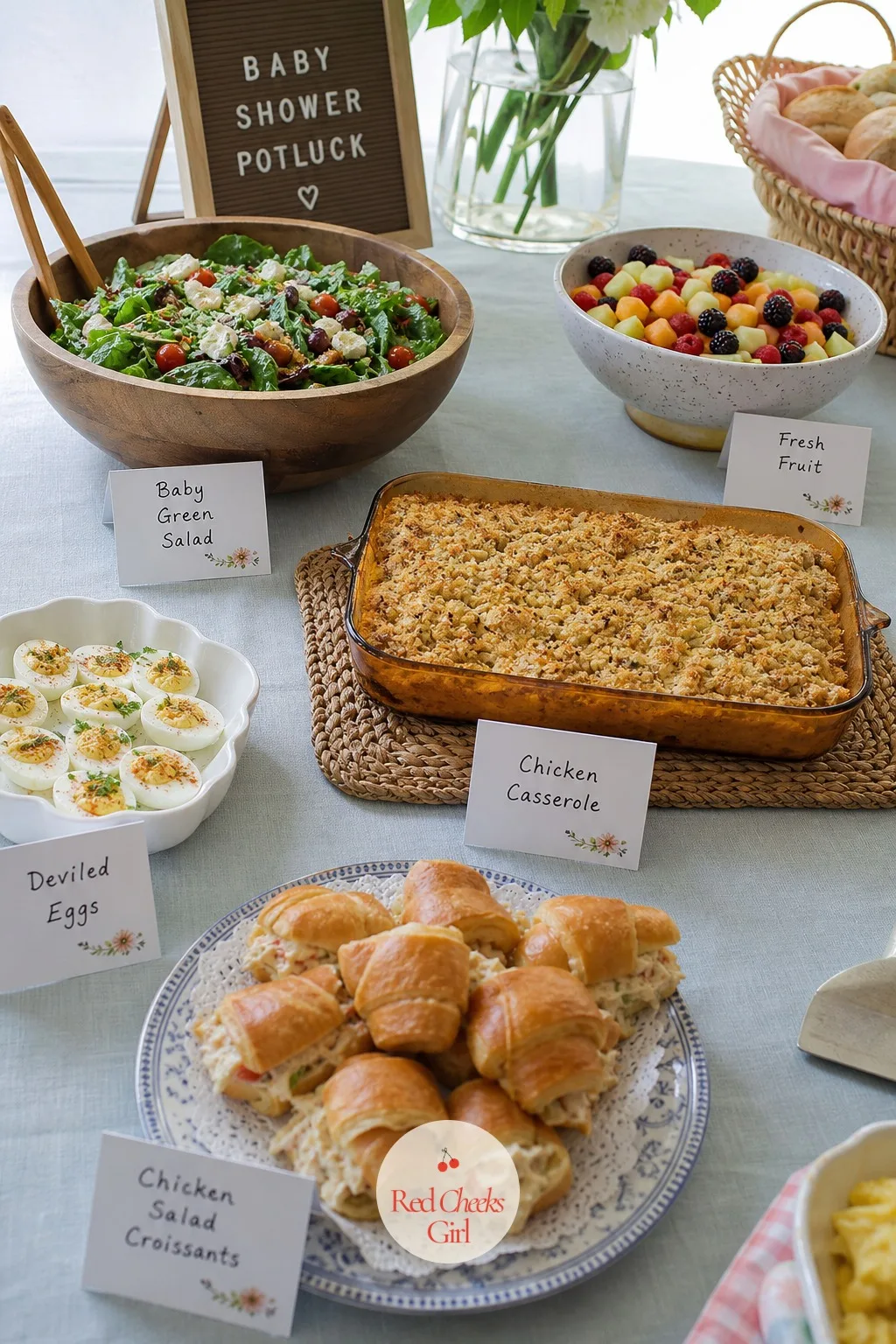 Potluck — This is the version that saves both money and hours in the kitchen, and it earns its popularity honestly. Small baby shower ideas