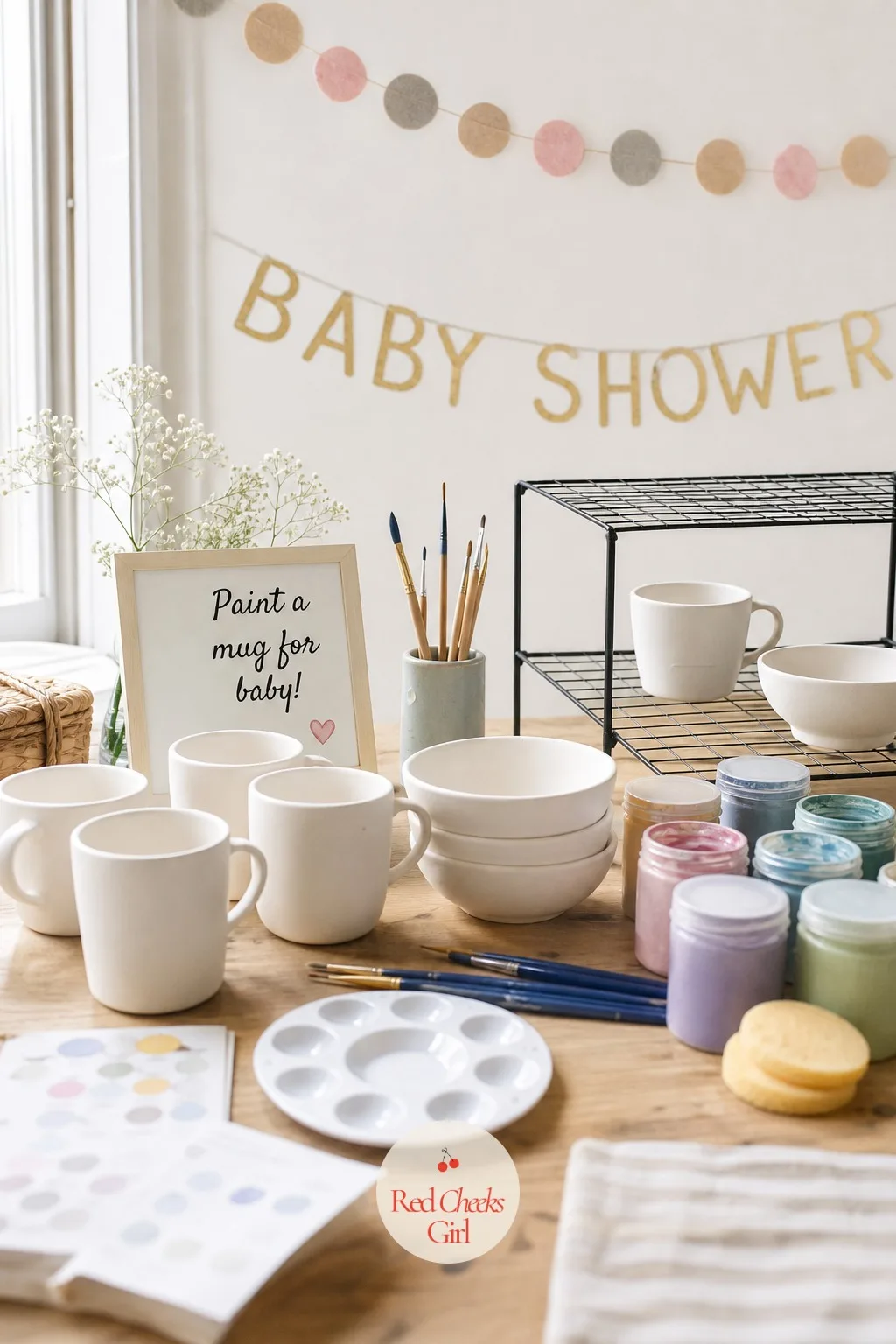 Pottery Painting — Outsourcing the mess to a studio is sometimes the whole idea, and the mug she paints will outlast most cards. Small baby shower ideas