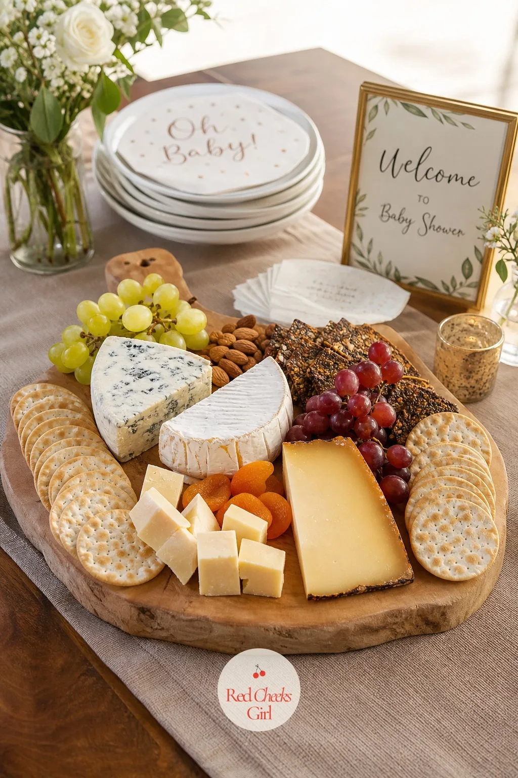 Single Board Menu — No buffet line is needed for eight people, one large board does the entire job of feeding a small shower. Small baby shower ideas