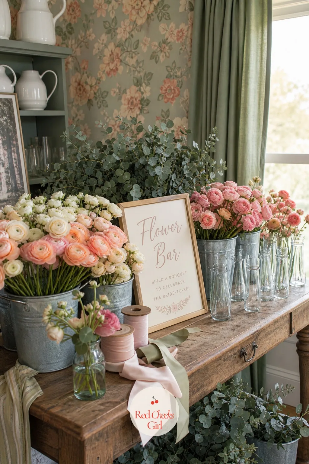 Flower Bar — Buying twelve identical centerpieces is expensive and, frankly, a little dull; a flower bar gets the same table covered in blooms for less and