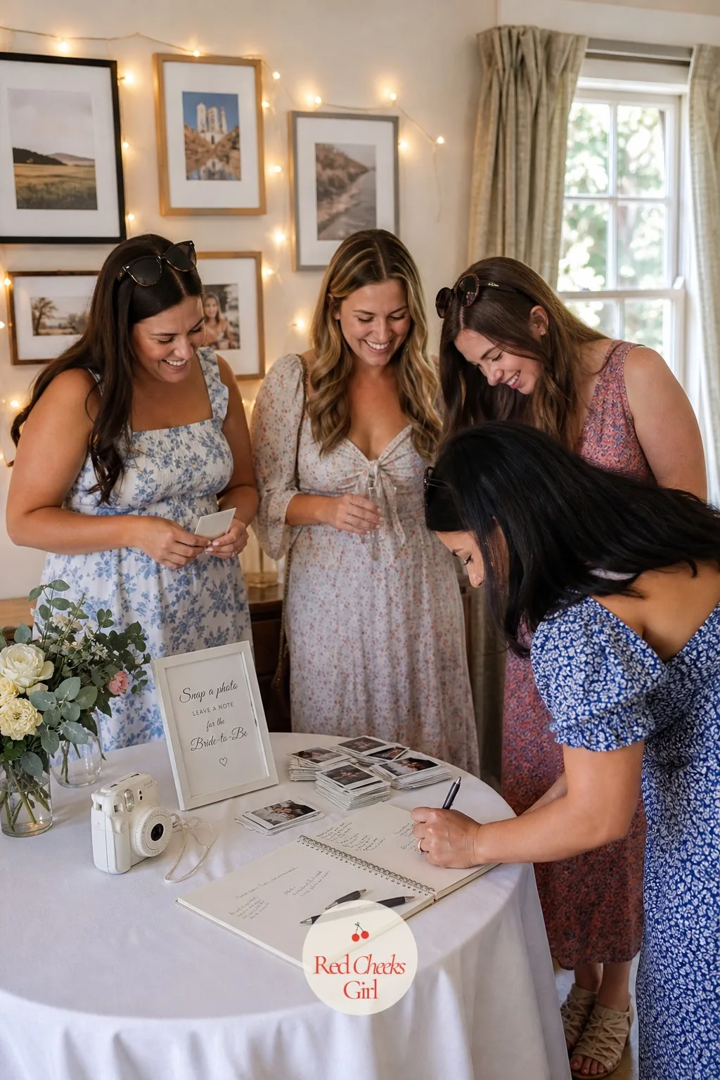 Instant-Photo Guestbook Station — A sign-in book nobody writes in is a waste of a nice notebook; an instant camera next to it solves the problem for good.