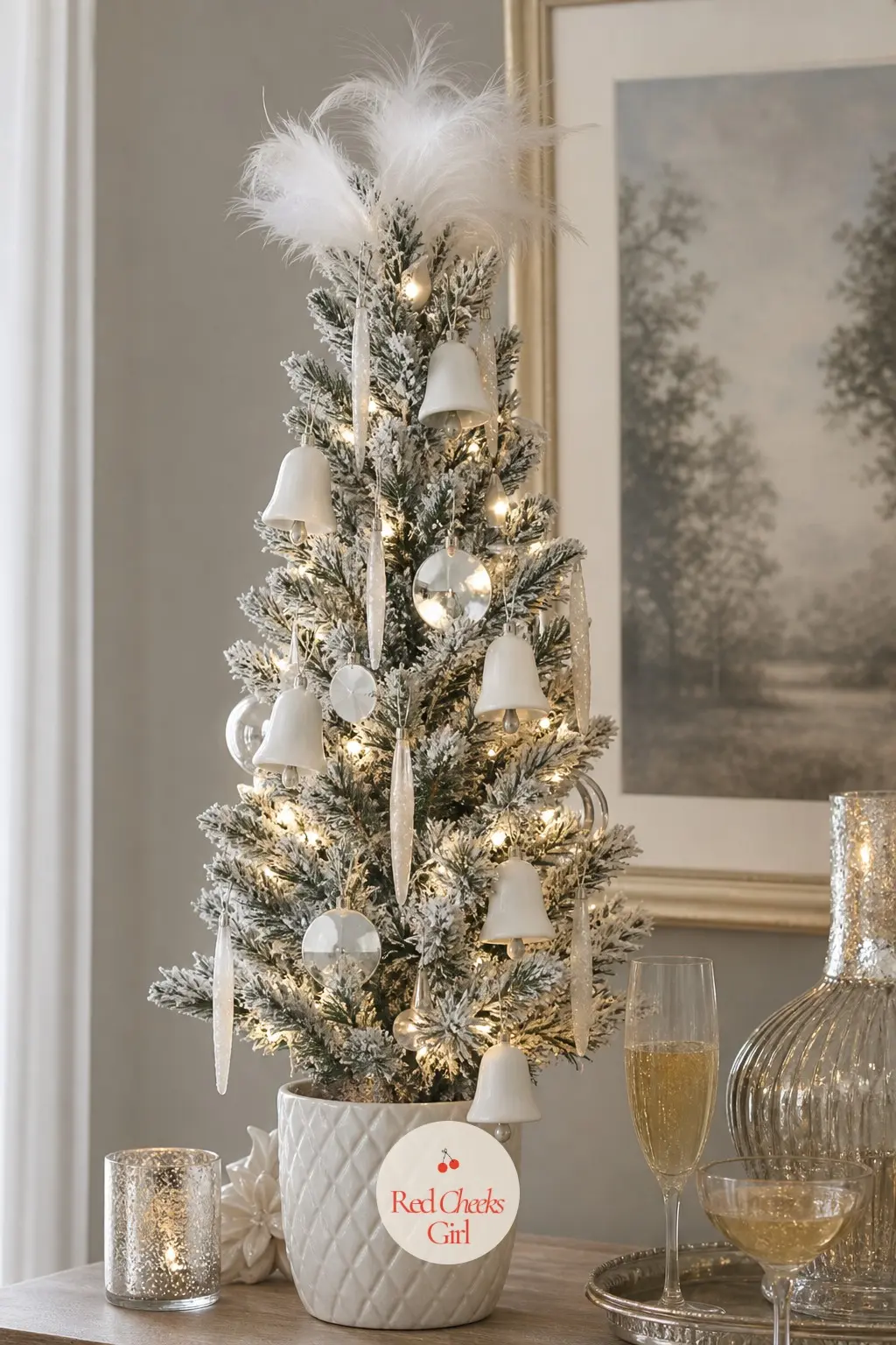A Charcoal Pencil Tree by the Window — This is an artificial charcoal flocked pencil tree, the same narrow shape Home Depot points to for small spaces, where