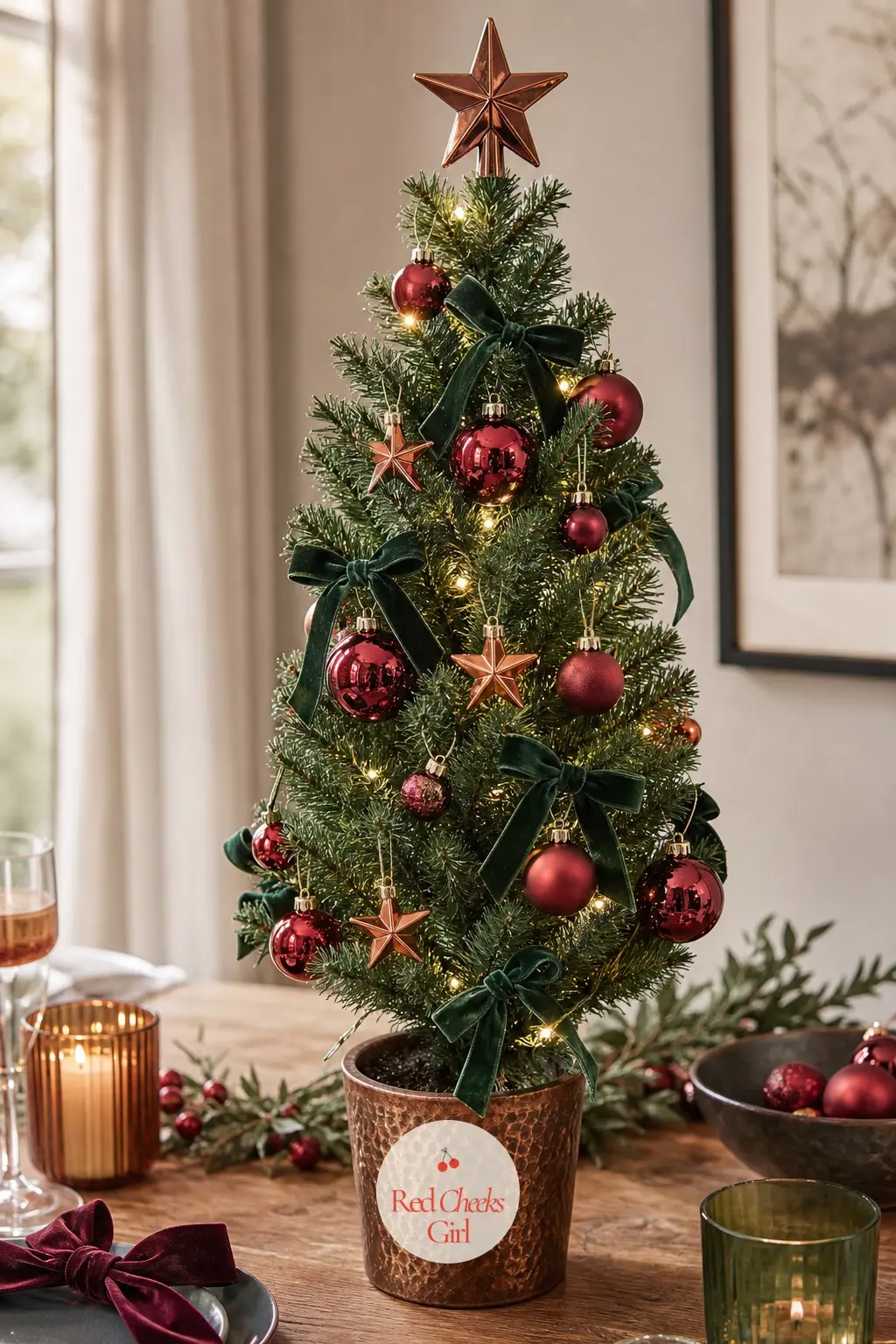 An Emerald Pencil Tree in the Corner — This is an artificial pre-lit pencil tree, built narrow enough that it stands in a corner without blocking a doorway.