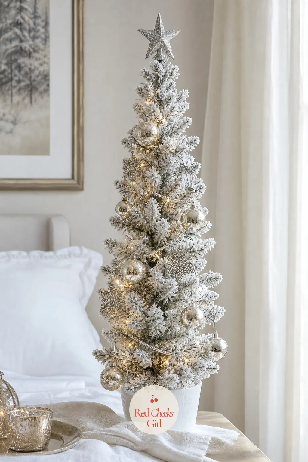 A Flocked Slim Spruce by the Window — This one is a real, slim-growing spruce, flocked white at the lot and potted indoors, the kind the metafilter thread on