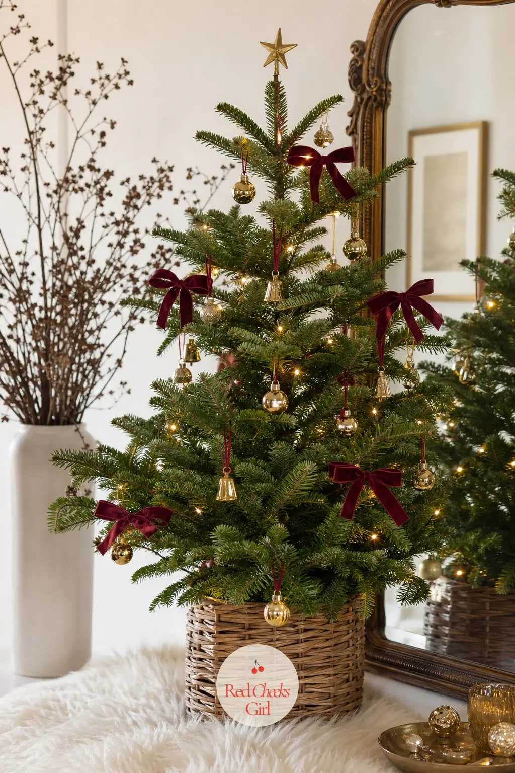 A Fresh Balsam Tabletop by the Mirror — A real, freshly cut balsam fir small enough to sit on a side table, chosen for scent as much as looks. Small christmas