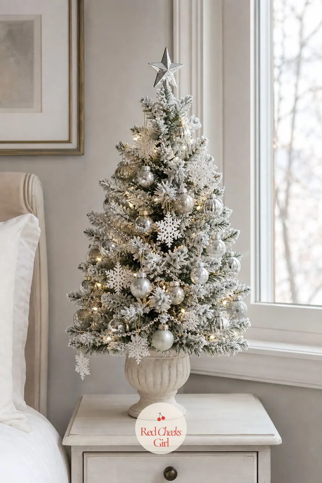 A Frosted Mini Tree on the Shelf — At twelve inches, this artificial frosted tree is small enough for a single shelf or a desk, sized the way christmascentral