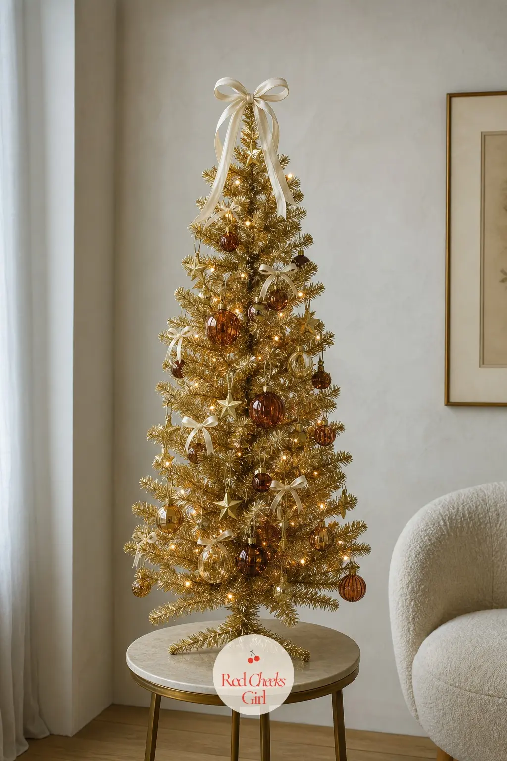 A Gold Tinsel Tree on the Side Table — The tree itself is artificial and metallic gold, the kind Home Depot calls a nod to decades gone by, built so it barely