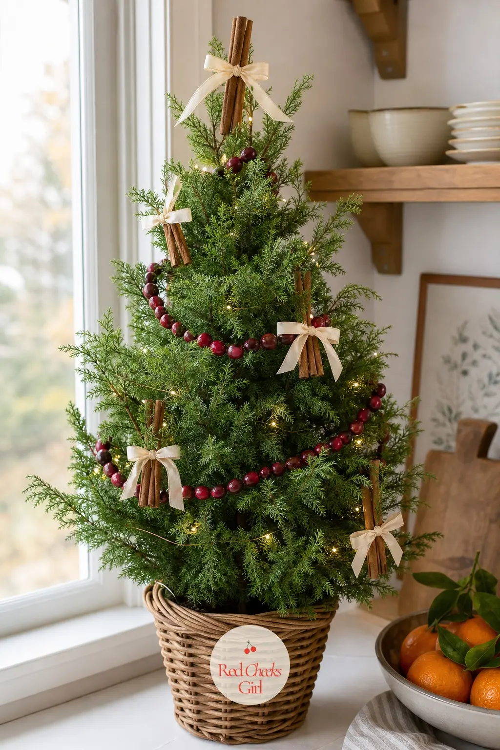 A Live Cypress on the Windowsill — A real, small potted cypress narrow enough to sit entirely on a windowsill, dressed with a real strung cranberry garland