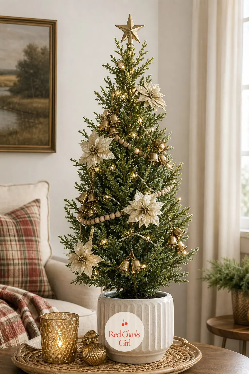 A Potted Cedar Standing in the Corner — The one floor-standing tree in the set: an artificial potted cedar in a ceramic planter, narrow enough to hold a real