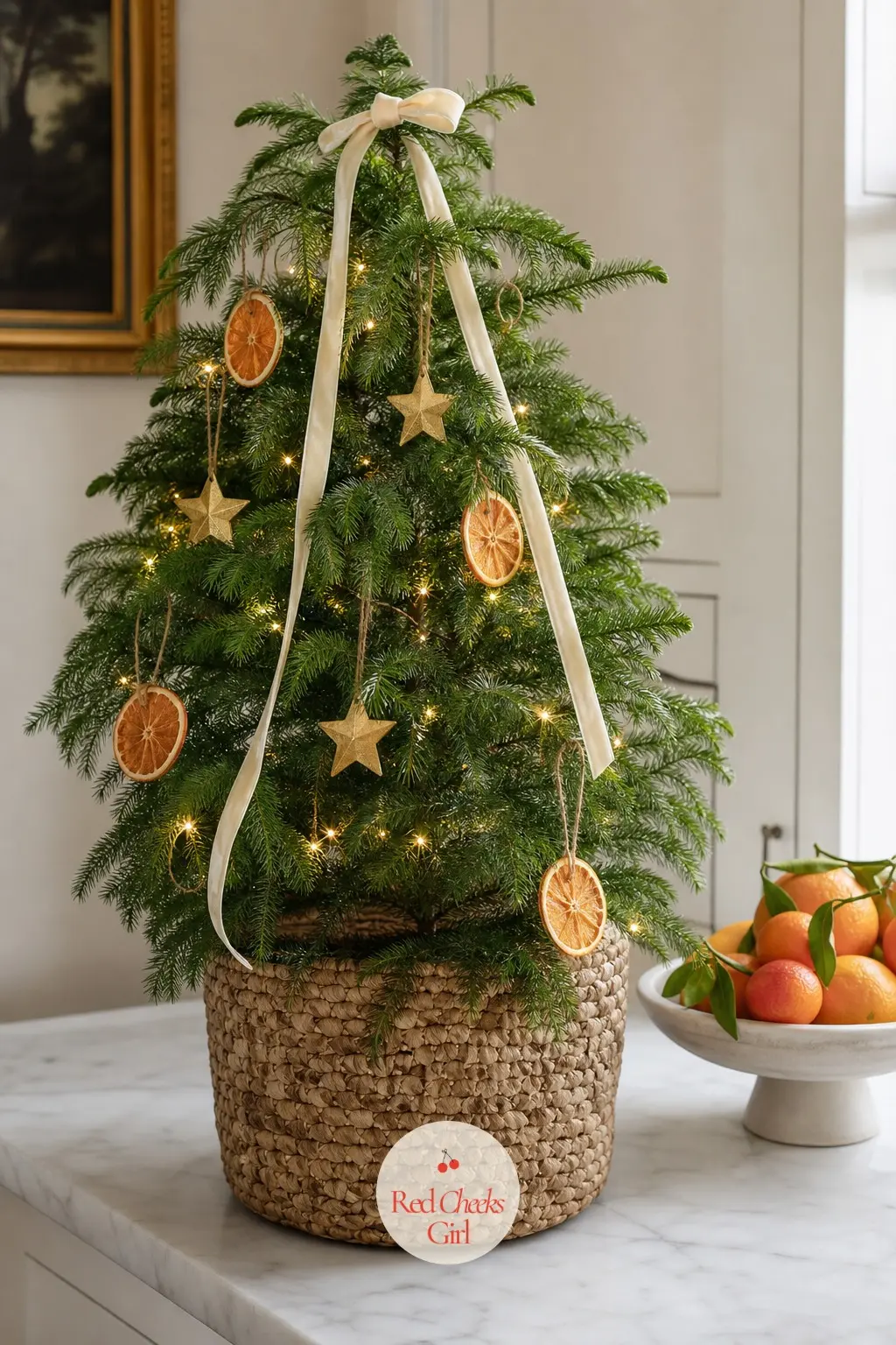 A Potted Norfolk Pine on the Marble Counter — This is a real, living Norfolk Island pine, potted rather than cut, standing at counter height so it never