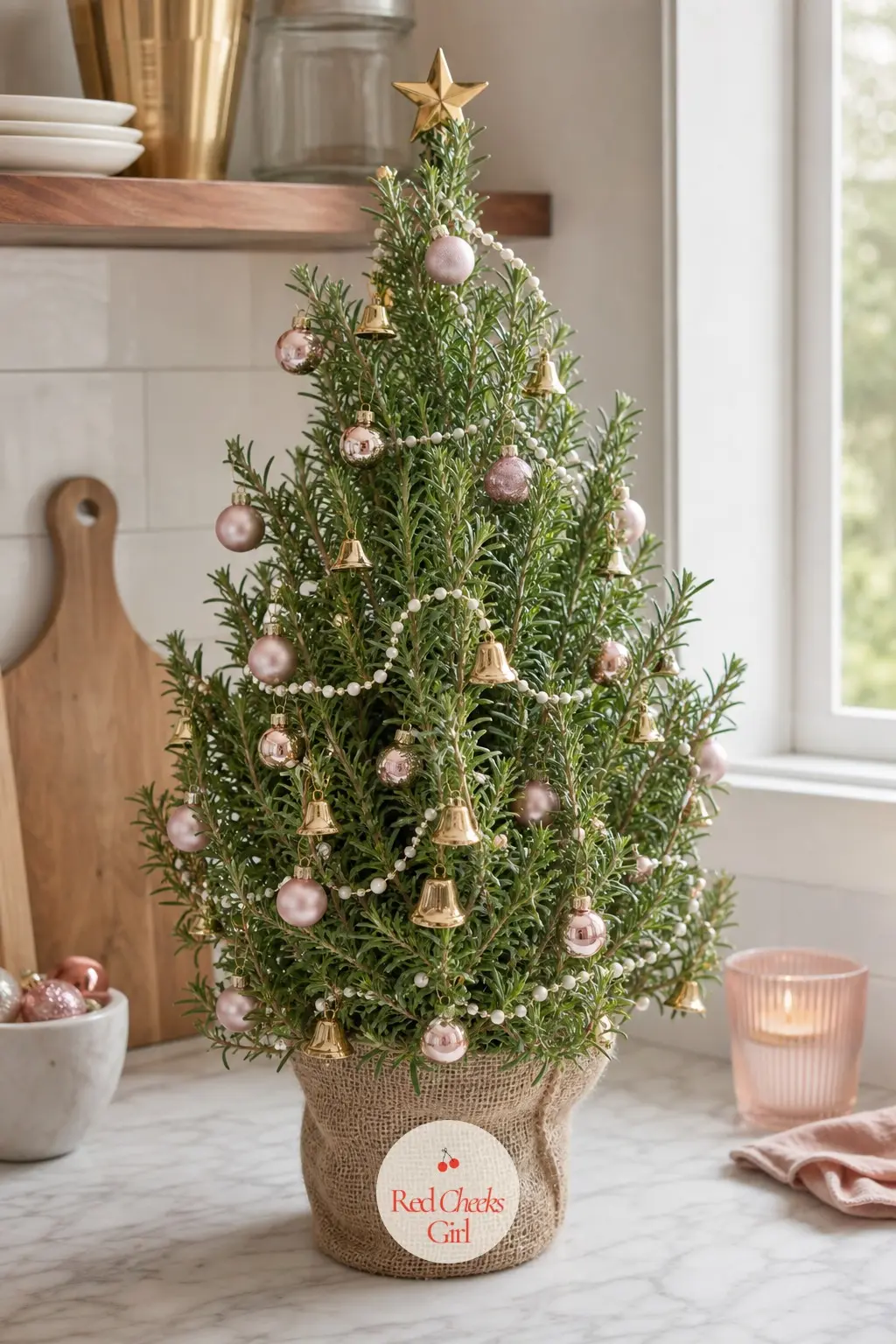 A Rosemary Tree on the Kitchen Counter — A real, live rosemary plant trimmed into a pyramid, sold every winter as a small edible stand-in for a tree. Small