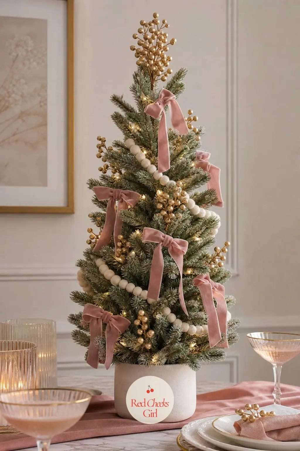 A Sage Tabletop Tree on the Cream Chair Side — An artificial tabletop tree in sage green, a colour most small-tree guides skip for plain green or white. Small