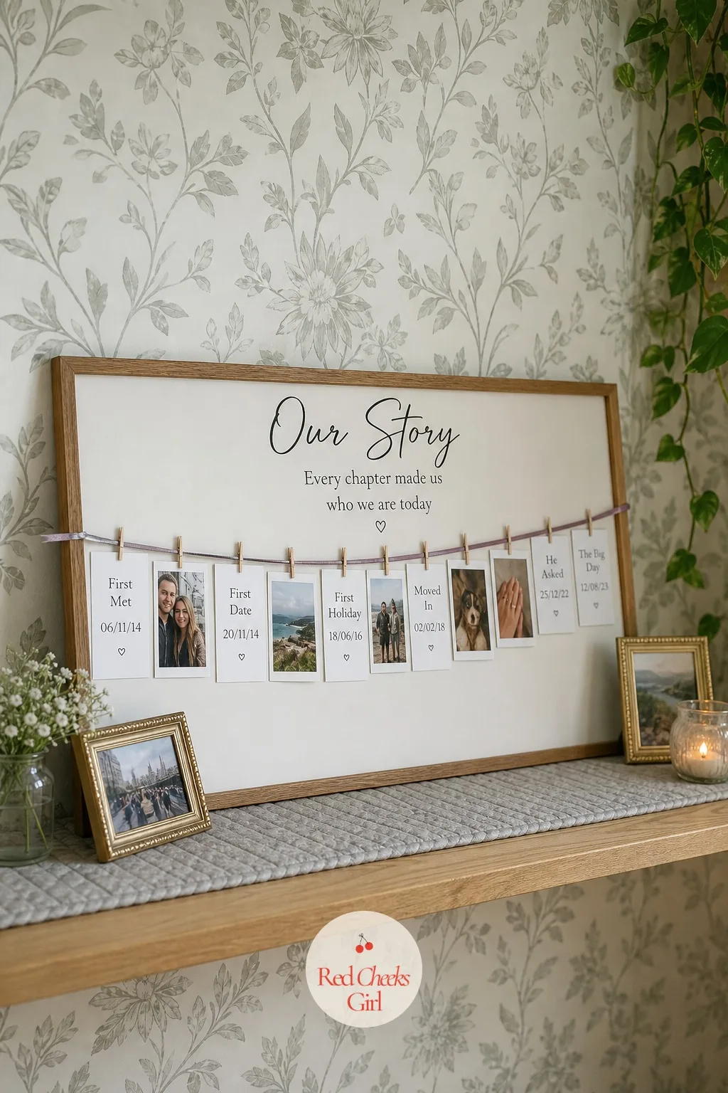 A Framed Timeline Display of the Couple's Story — A whole timeline sounds like a scrapbooking project, and it shrinks down to an afternoon once it is just a