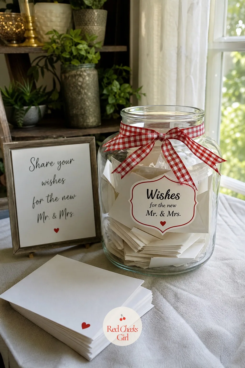 Handwritten Wishes Jar — A guest book gets signed in a rush by the door and read maybe once, and a jar of folded notes asks for something slower. Small