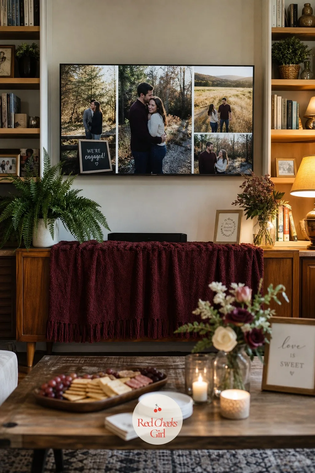 Photo Slideshow of the Couple — A slideshow sounds like a project until it is just twenty photos and a cable plugged into the television. Small engagement