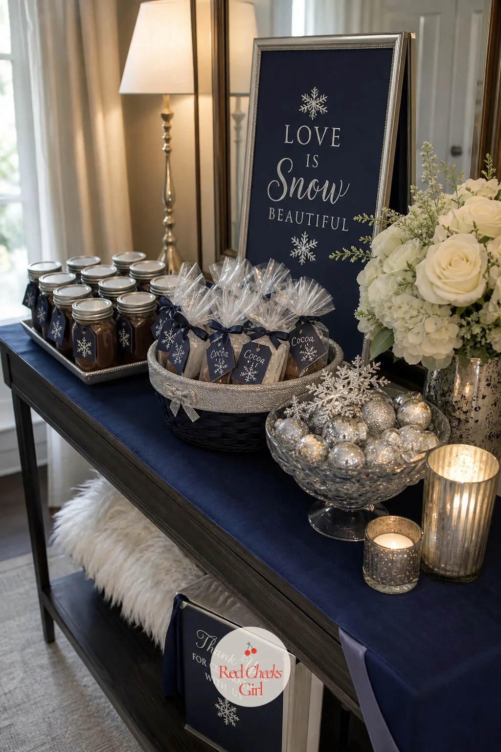 Favor Table Styled in Navy and Silver — Three separate favours need one table that pulls them together, or the exit just looks like a yard sale of good