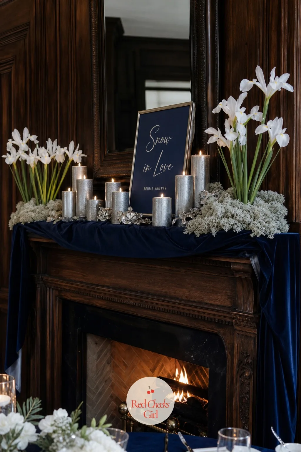 Fireplace Mantel Styled With Winter Blooms and Candles — If the venue has a fireplace, it is already doing half the romance for free, and dressing the mantel