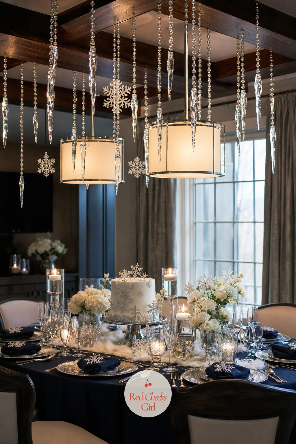 Hanging Icicle and Snowflake Garland — Look up before anyone tells her to and she will find the ceiling doing its share of the work too. Snow in love bridal