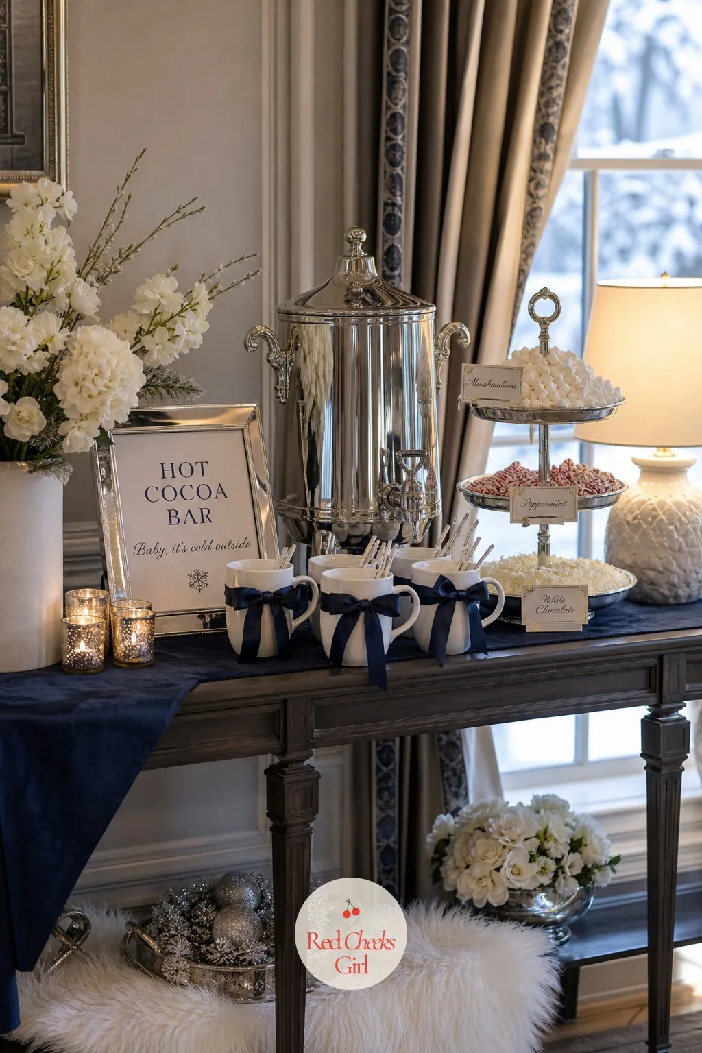 Hot Cocoa Bar — Winter gives you one genuinely good excuse for a self-serve station, and this is it. Snow in love bridal shower theme