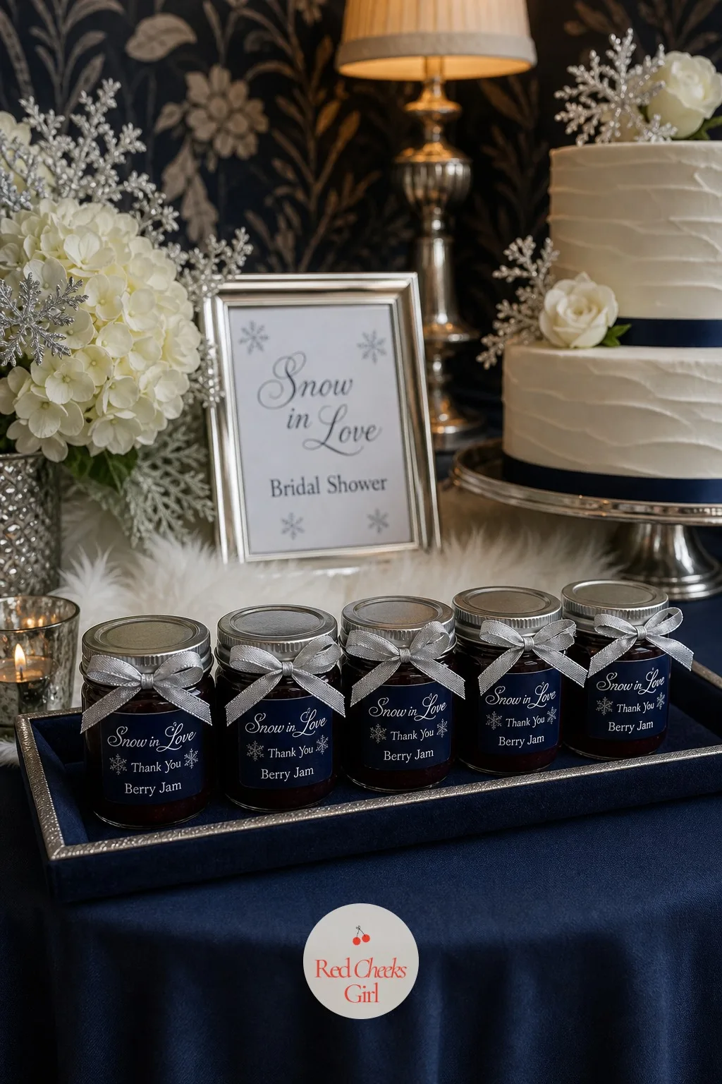 Jars of Berry Jam as Favors — She wants guests to leave with something they will actually use by next weekend, not another candle gathering dust. Snow in love