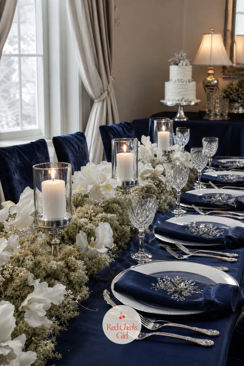 Navy Table Setting With Reindeer Moss and White Irises — She sits down and this is the view for the next hour, so it has to hold up at close range, not just