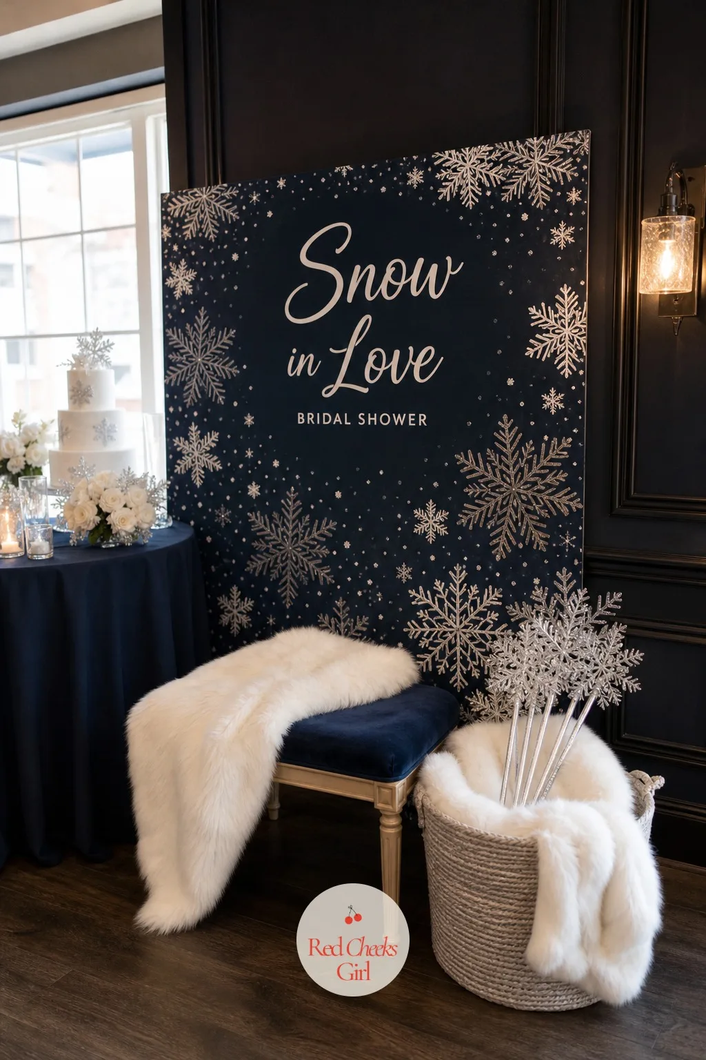 Photo Corner With Faux Fur Wraps — Give the group a reason to leave their seats and this is usually it. Snow in love bridal shower theme