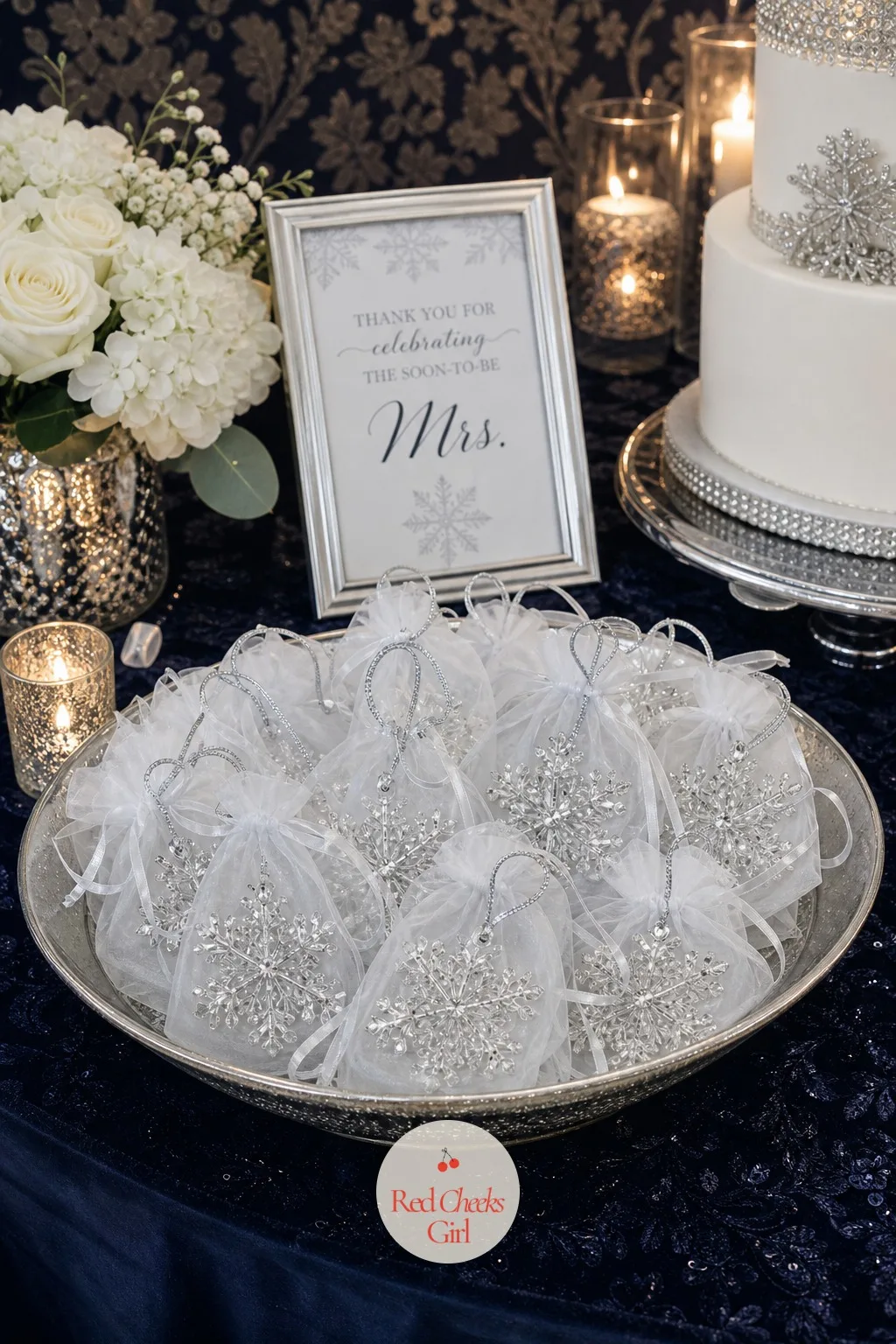 Silver Snowflake Ornament Favor — A third option, smaller still, suits the guest who would rather take home a keepsake than something to eat. Snow in love