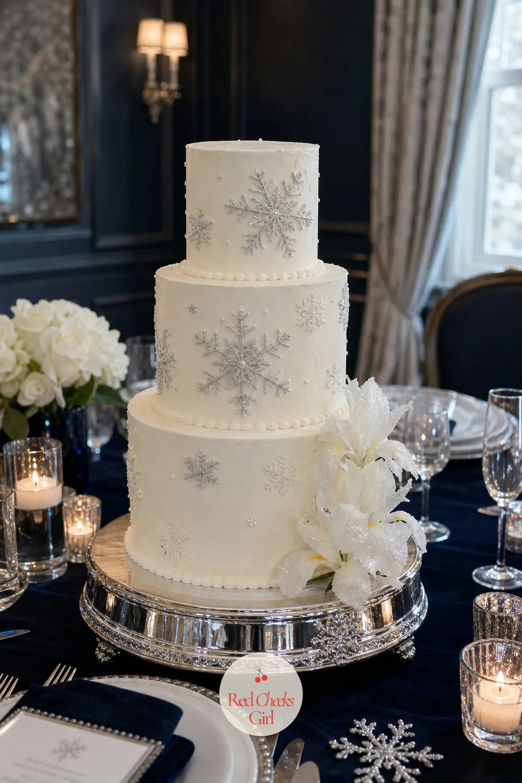 White Winter Cake — She deserves a cake that looks like it belongs to this room, not a default round tier someone grabbed from a case. Snow in love bridal