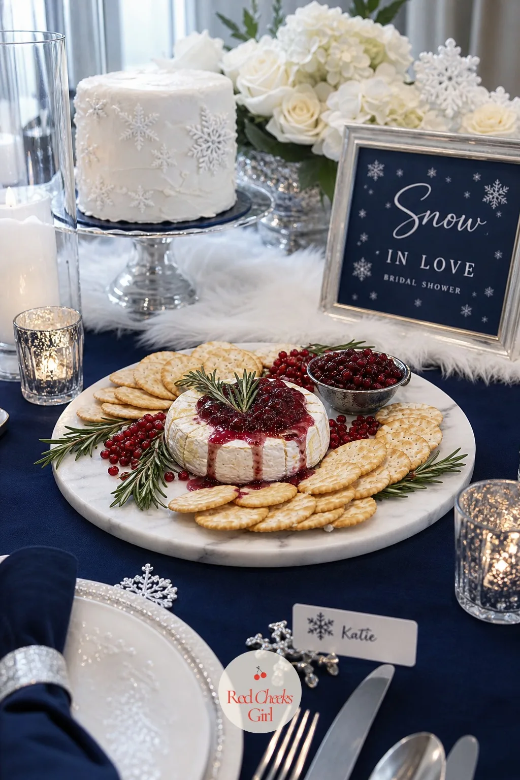 Winter Berry and Brie Board — Not everyone wants sugar at two in the afternoon, and this gives them somewhere else to go. Snow in love bridal shower theme