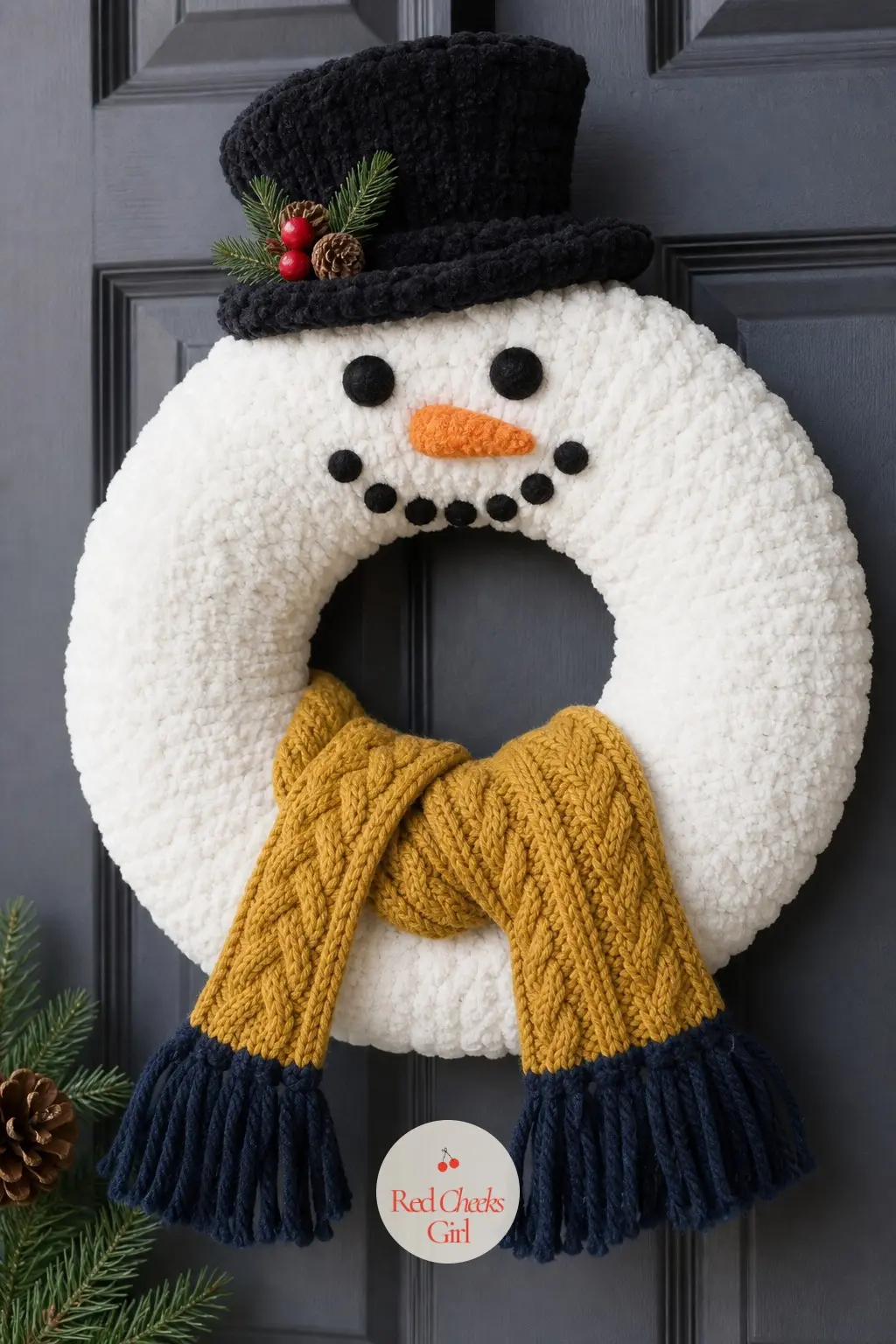 The Cable-Knit Scarf Snowman Wreath — Keep the body plain and white, wrapped simply in chenille stems or yarn, and let a real cable-knit scarf do the talking