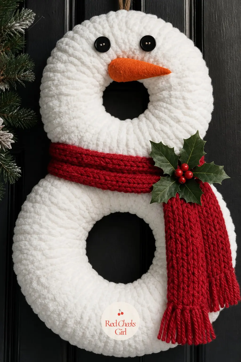 The Chunky Chenille Yarn Snowman Wreath — Two wire wreath forms, wrapped separately and then zip tied together, make the body