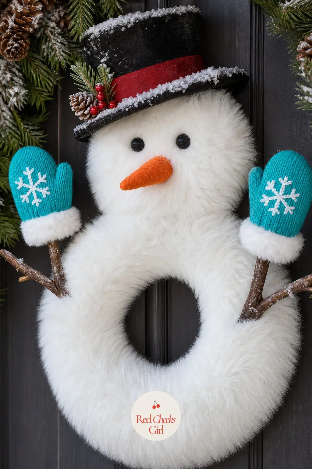 The Faux Fur Snowman Wreath — Swap the usual yarn or mesh for plush white faux fur and the snowman suddenly looks like it belongs in a storefront window