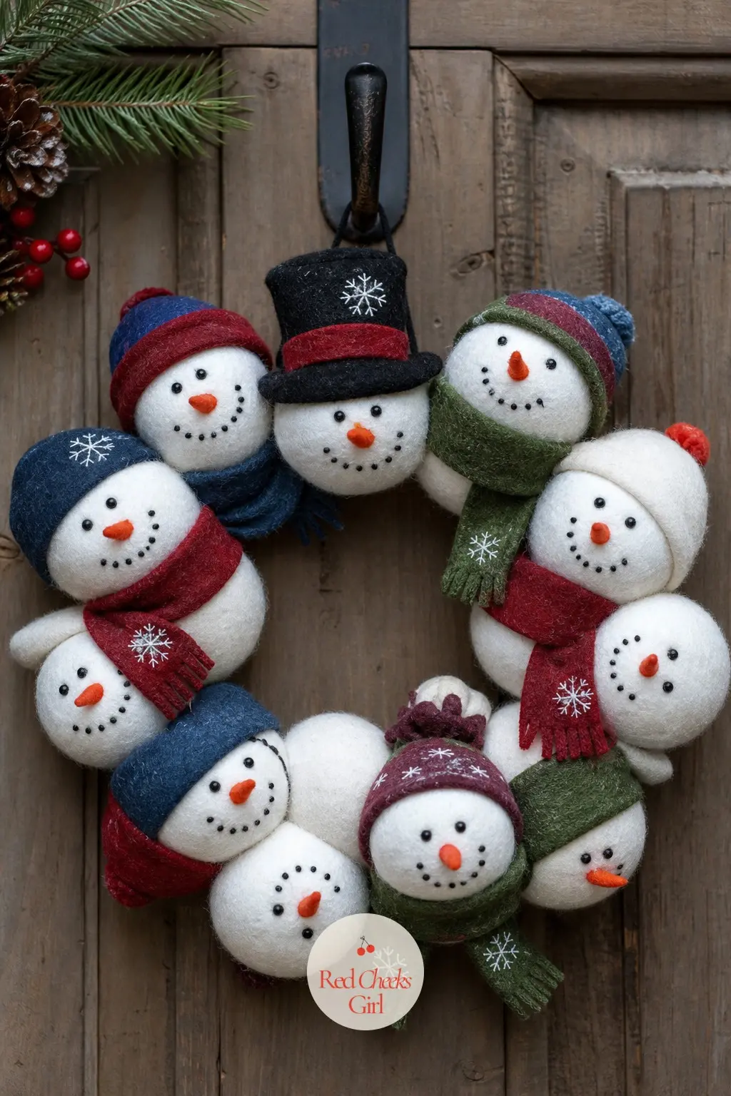 The Felt Carrot Nose and Button Eye Snowman Wreath — This one skips the double-wreath body entirely and goes flat: a single white felt circle covers one wire