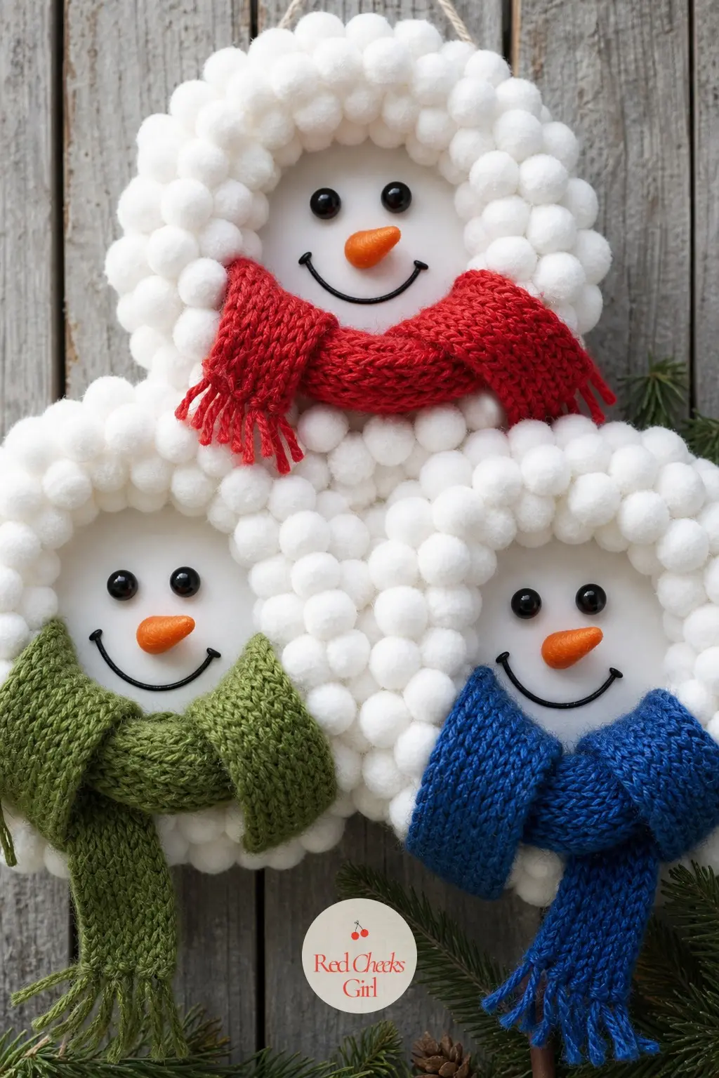 The Mini Snowman Trio Wreath — Instead of one large snowman, three small heads cluster together around a single round base, each wrapped in white pom trim and