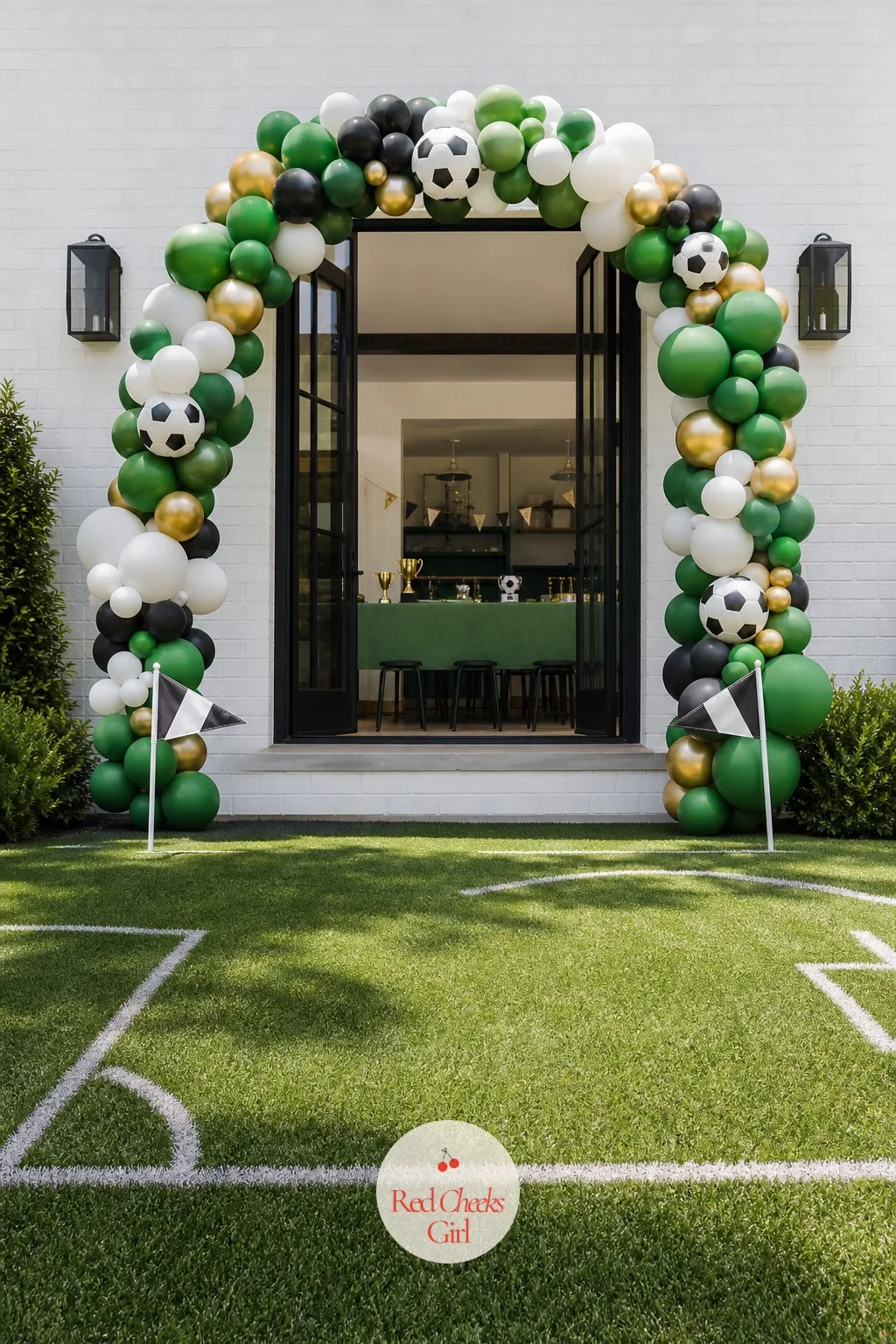 Corner Flag Balloon Arch — An entrance that still looks like every other birthday balloon arch does not tell anyone what party they walked into. Soccer