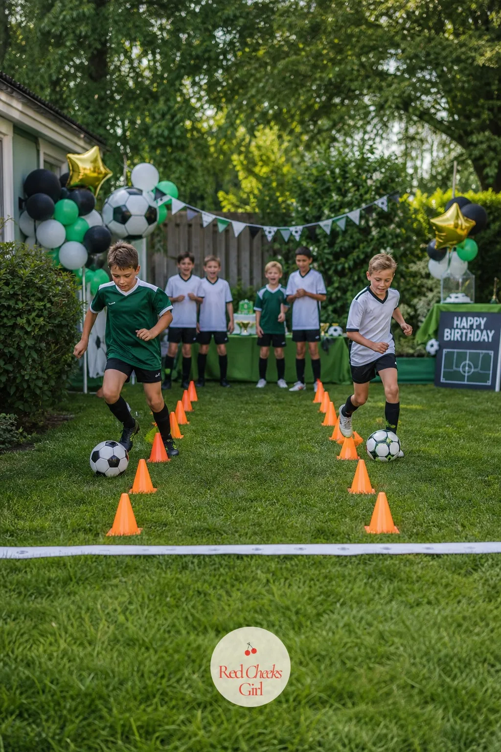 Dribble Cone Relay Race — Split the group into two lines and this turns into the loudest five minutes of the afternoon. Soccer birthday party ideas