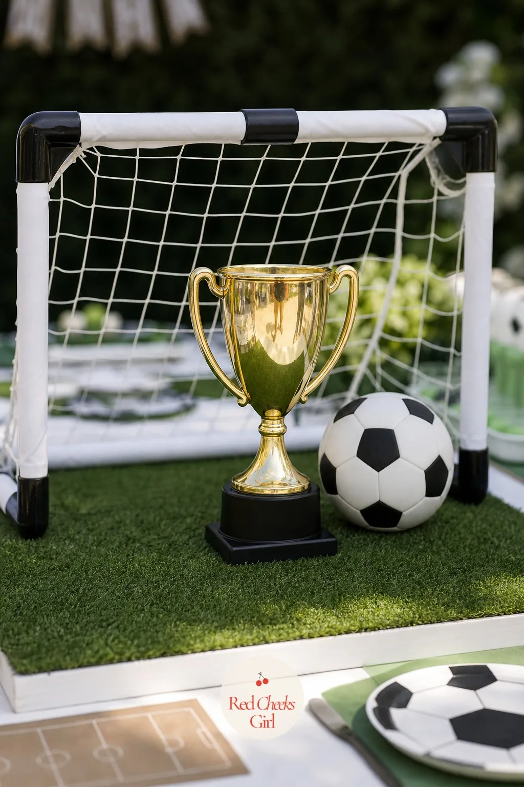 GOAL and Trophy Centerpiece — This is the piece that stops people at the door. Soccer birthday party ideas