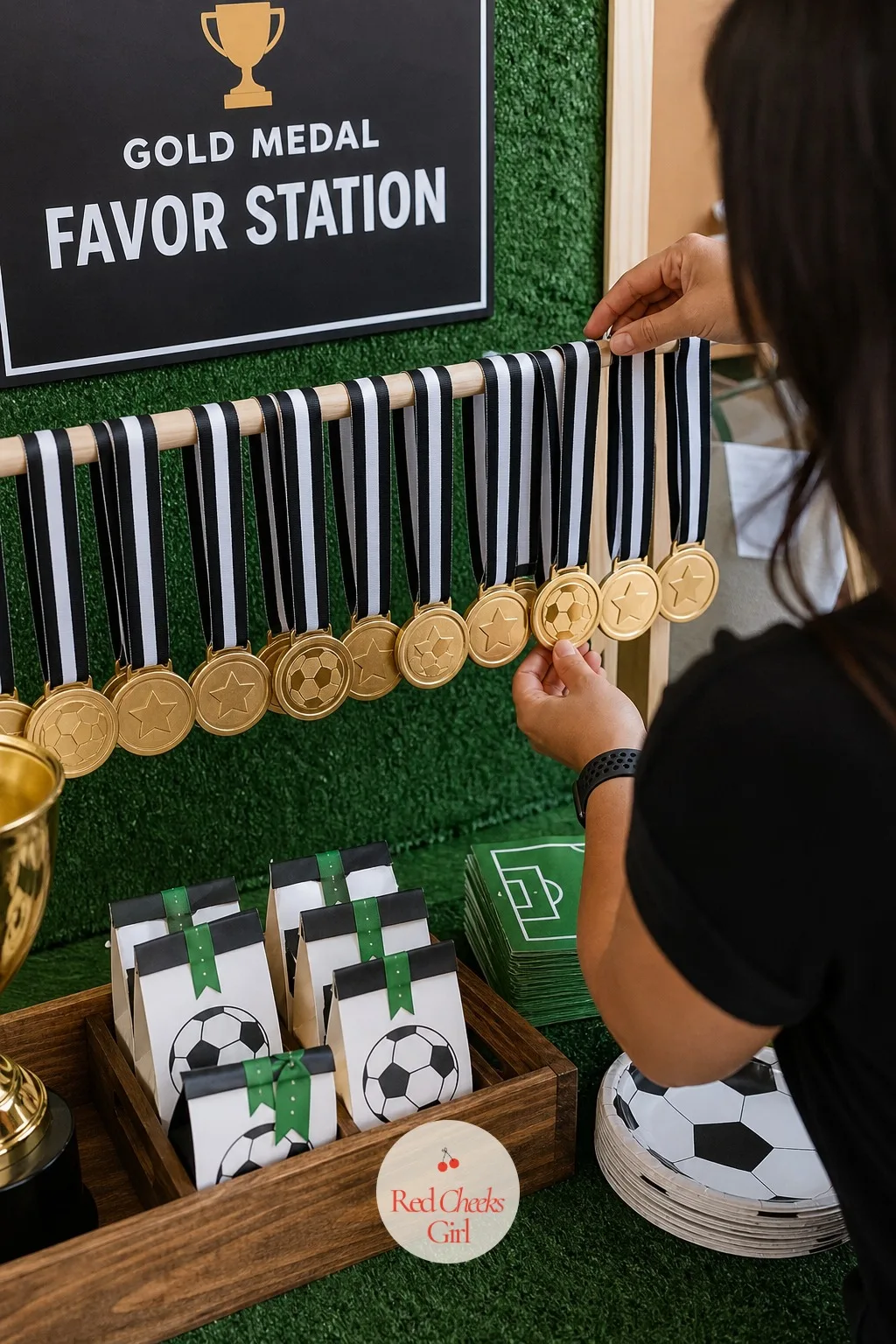 Gold Medal Favor Station — Every guest wants to feel like they won something, and a small station of gold medals on ribbon lets them pick one up on the way out