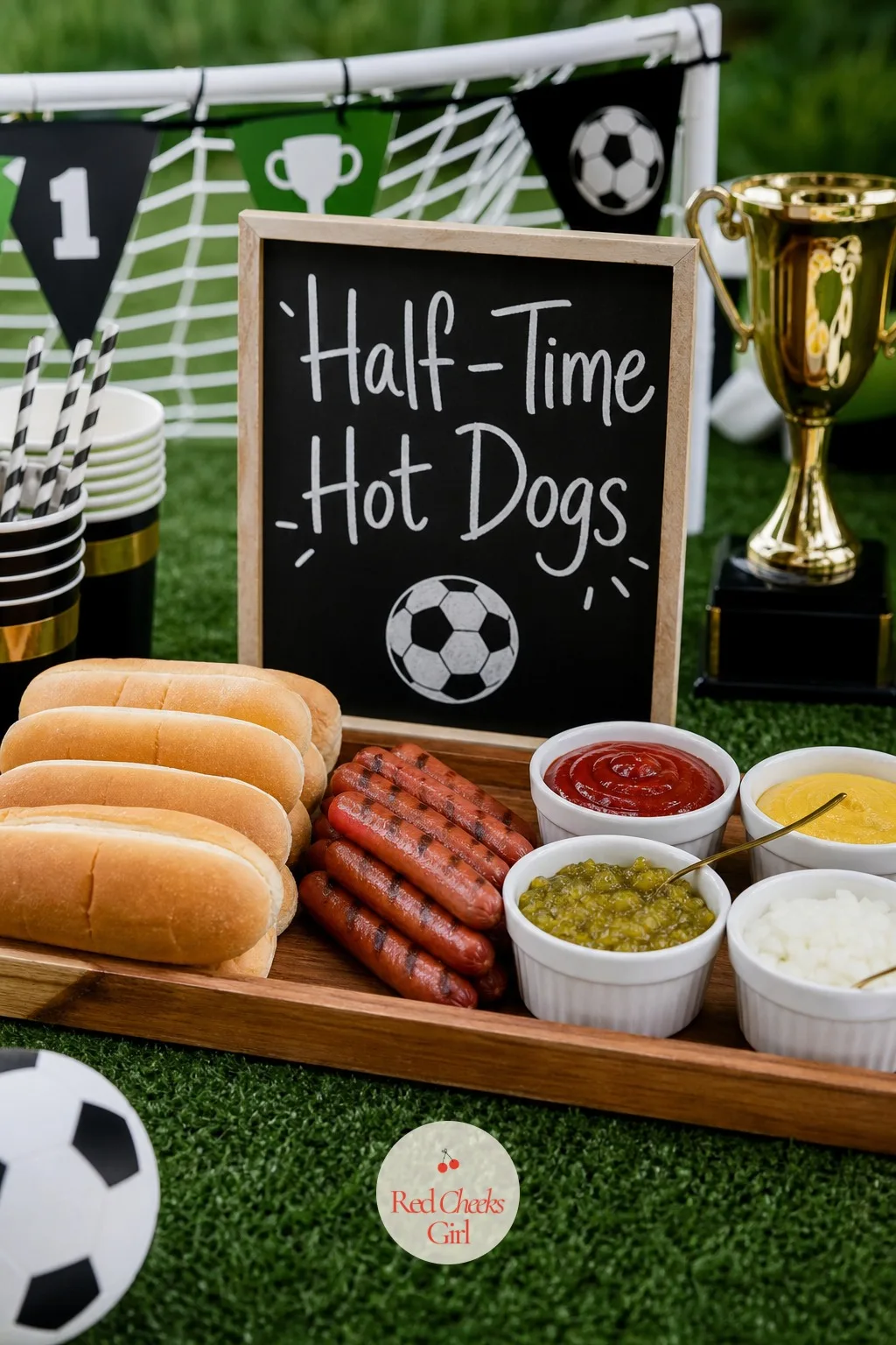 Half-Time Hot Dog Bar — A tray of plain hot dogs does not say soccer until a sign tells it what it is. Soccer birthday party ideas