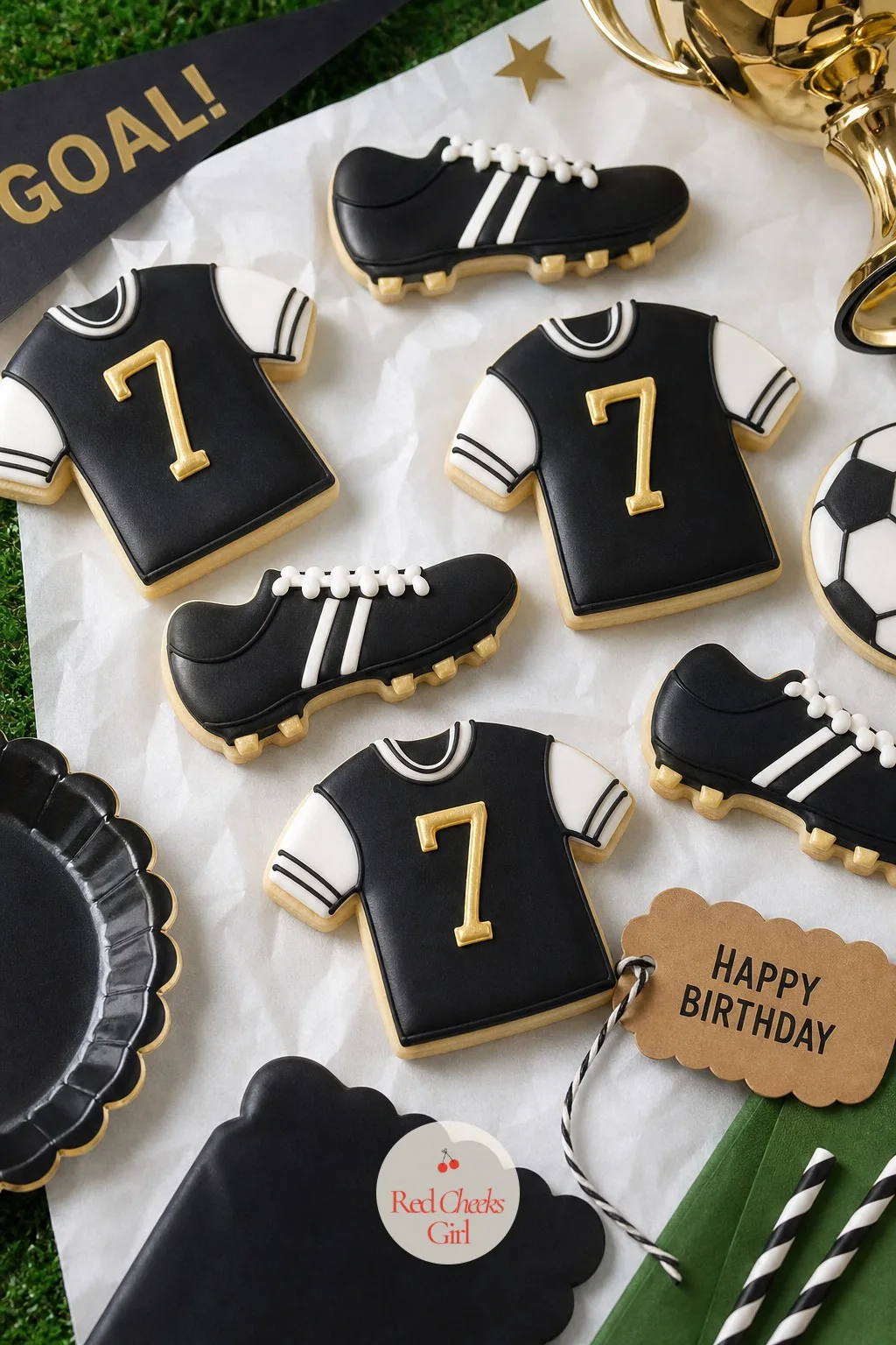 Jersey and Cleat Cookies — Plain round cookies look like nothing in particular on a dessert table. Soccer birthday party ideas