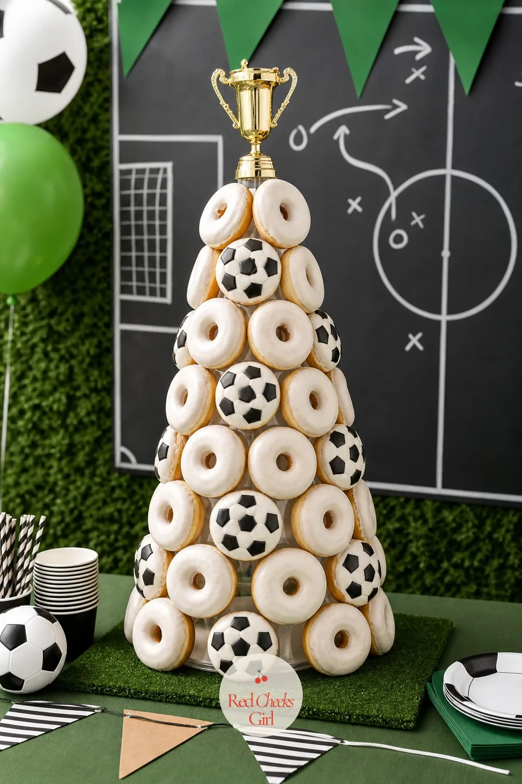Soccer Ball Donut Tower — A single cake is not always the answer, especially for a crowd that wants to grab and go between games. Soccer birthday party ideas
